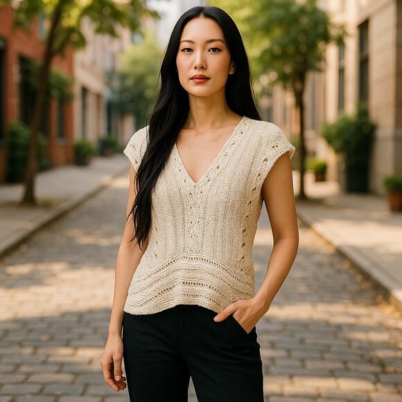 Amano Hand Knit Sweater Spain Open Weave Double V Neck Cream Small - Picture 2 of 6